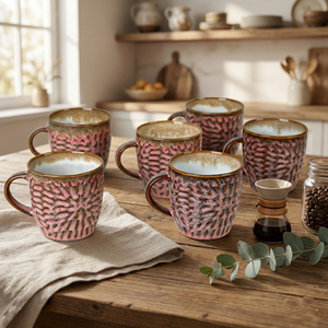Dusty Rose Pink Ceramic Tea <b>Cup</b> <b>Set</b> of 6 Vintage Bohemian Elegant Design 200ml Capacity for Espresso As a Cute Gift - Product Image 1