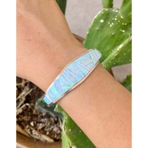 Navajo Handmade Cobblestone Cuff <b>Bracelet</b> with White <b>Opal</b> & Sterling Silver Fashionable Accessory - Product Image 2