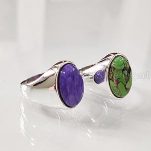 Bague pour homme en argent sterling 925, design simple, avec pierres précieuses naturelles (turquoise verte, charoïte), pierre de naissance, bijoux d'exportation - Product Image 2