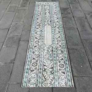 Alfombra Turca Vintage de Lana, 2.3x8.4 pies, Gris Azul Degradado - Product Image 1
