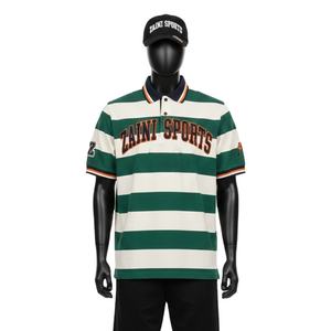Polo en coton pour homme 220 GSM Tissu durable Rayures vertes et blanches Panneaux Logo brodé personnalisé Polo pour homme - Product Image 1