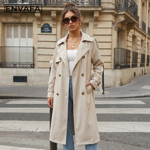 Vente en gros de manteaux longs beige à double boutonnage haut de gamme pour femmes, manteau trench pour femmes avec ceinture pour le printemps - Product Image 1