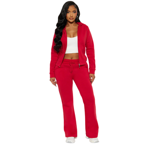 Ensemble survêtement décontracté pour femme, sweat à capuche rouge et pantalon de jogging, imprimé couleur unie, fermeture éclair intégrale, manches longues, polaire, pour l'hiver et l'automne - Product Image 1