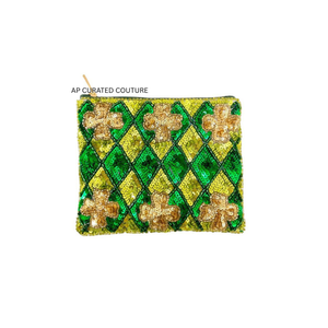 Sac à main vert à thème trèfle irlandais pour la Saint-Patrick 2026, tissu, perles, fermeture éclair durable, mode, multi-usages, petite capacité - Product Image 1