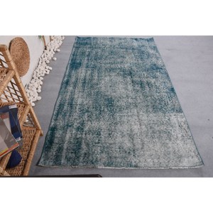 Alfombra turca Vintage moderna de 4,1x7,2 pies, hecha a mano, diseño clásico de retazos rectangulares, látex de poliéster de lana azul para la vida de los adolescentes - Product Image 4