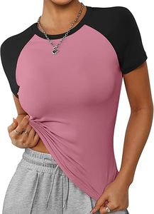 Womens Short Sleeve Cropped <b>Tops</b> Slim Fit Stretchy Color Block Slightly Shirts Fashion Clothes - Product Image 2