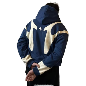 Sudadera con Capucha de Dos Tonos, Personalizada, con Bloques de Color, de Algodón Grueso, con Bordado, Hombros Caídos, Estilo Patchwork, con Cremallera - Product Image 3