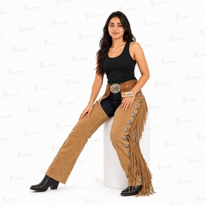 Pantalon d'équitation pour femme en cuir véritable, style western, taille haute, à franges, avec fermeture à boucle - Product Image 2