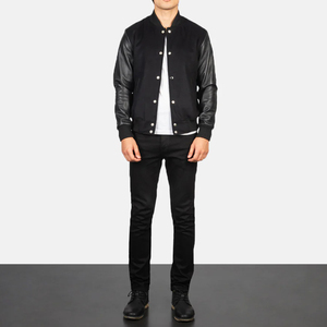 Chaqueta Varsity híbrida para hombre Mangas de cuero a rayas negras Estilo vintage Soporte de tela satinada bordada - Product Image 3