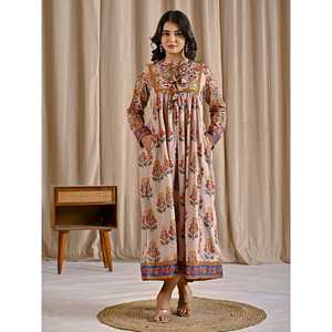 Vestido Corto Casual Elegante de Algodón Beige Amarillo Estampado con Borlas Delanteras, Transpirable, ODM, para el Día, Fiestas y Club - Product Image 3