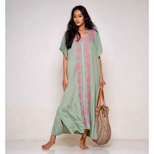 <b>Womens</b> Green Embroidered Kaftan Maxi Dress Cotton Blend Loose Fit Long Caftan Beach Resort Wear - Product Image 1