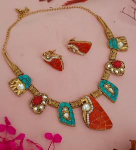 Trendy Best Quality <b>Gold</b> Plated Stones Look Chain Necklace <b>Set</b> With <b>Earrings</b> Wedding Wear Collection For Women - Product Image 3