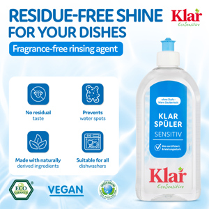 Détergent écologique KLAR Eco Sensitive 500 ml, liquide, sans parfum, anti-calcaire, pour lave-vaisselle, améliore le séchage, plus de 80 % d'ingrédients actifs - Product Image 4