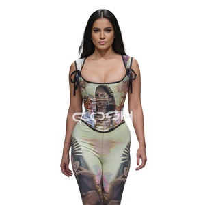 Vintage Goddess Artwork Printed Satin Corset With Tie-Up Straps & High-Waist Leggings | Fashion Corset Two-Piece Set Supplier - Product Image 5