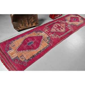 Turkish Vintage Rug, <b>Runner</b> 2.9x11.8 ft (89x359 cm) Rug, <b>Red</b> Moroccan Wool Rug - Product Image 2