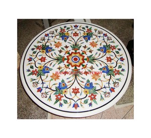 Most Trendy Poplar of New Collection Flower Mix Inlay Work <b>Round</b> Shape <b>White</b> Marble Inlay <b>Table</b> Top Use for Hotel and Home - Product Image 1