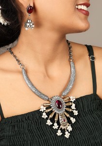 Ensemble collier pendentif en perles imitation rubis bicolore oxydé avec boucles d'oreilles jhumka, cadeau pour elle - Product Image 5