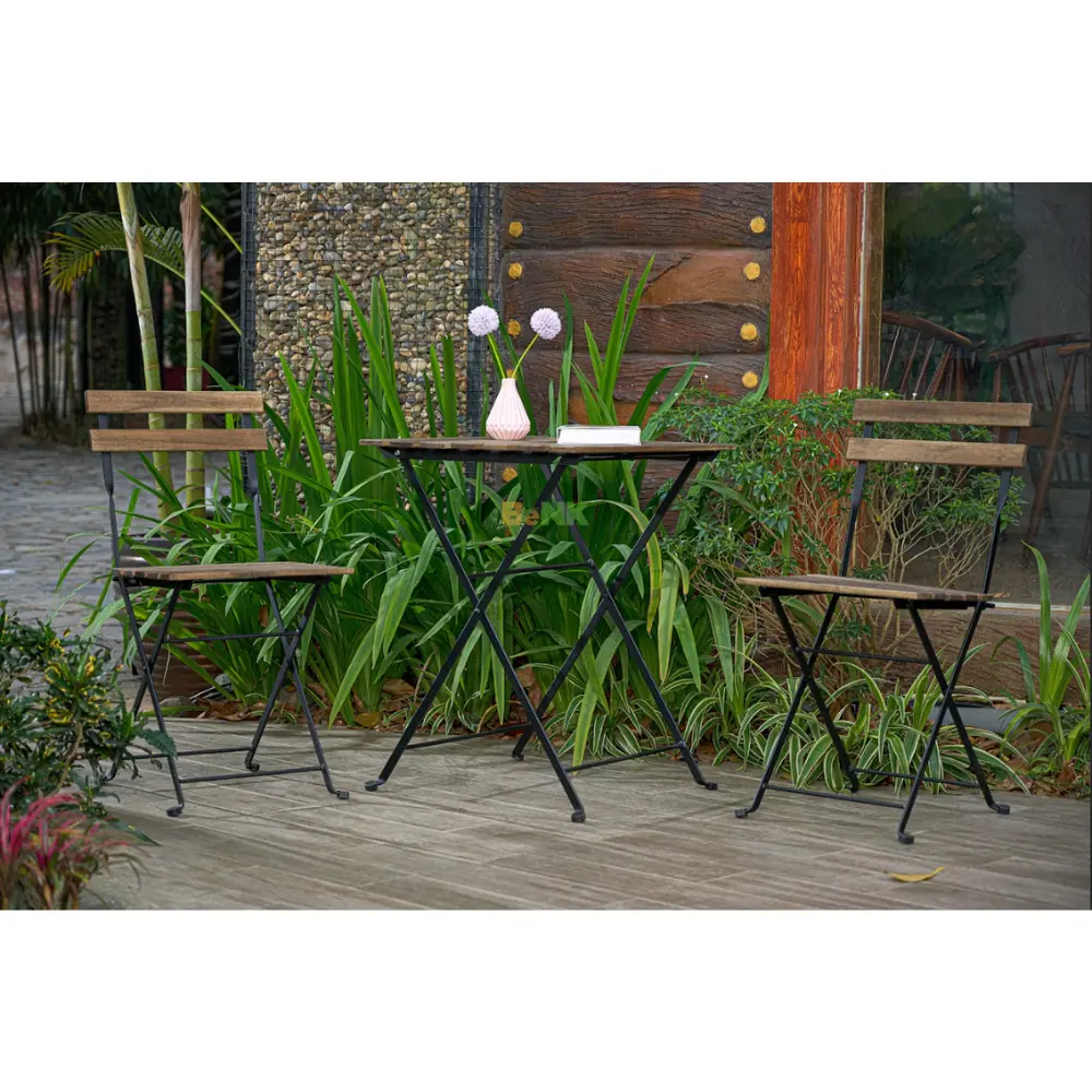 3 adet açık bahçe piknik akasya ahşap katlanır sandalyeler ve masa veranda mobilya için Bistro Set çelik çerçeve ile ucuz fiyat
