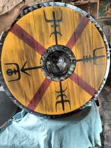 Escudo medieval completamente funcional redondo vikingo de Metal de madera de estilo Vintage para uso de decoración del hogar de batalla - Product Image 4