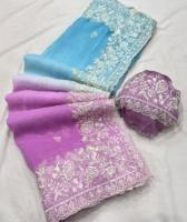 Nouveau saree d'écrasement en mousseline de soie à double teinte avec broderie butti brodé travail de bordure