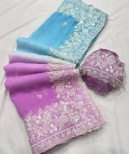 Nuevo Sari aplastamiento de gasa de doble sombra con bordado Butti & DESGINER bordado borde trabajo - Product Image 6