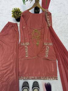 Premium natural crepe silk multi needle embroidery sequence <b>top</b> umbrella sleeves micro inner sharara plazzo full flair dupatta s - Product Image 6