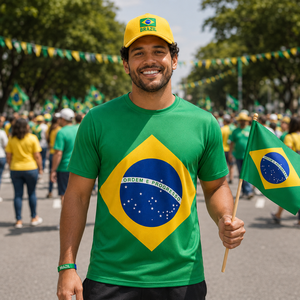 Camiseta sublimada con la bandera de Brasil personalizada, para celebración nacional, con temática del país en verde, amarillo y azul, para eventos. - Product Image 1