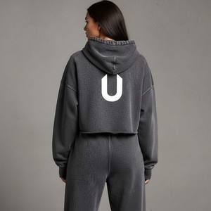 High Quality 100 Grams Heavy Cotton Women's Tracksuit Acid Washed Charcoal <b>Grey</b> SKINNY Knee Hooded <b>Crop</b> Streetwear Jogger Set - Product Image 6