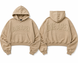 Custom Beige Oversized Cropped Hoodie <b>Men</b> Heavyweight Cotton <b>Pullover</b> Streetwear Embroidered ONE APEX OEM ODM Hoodie - Product Image 3