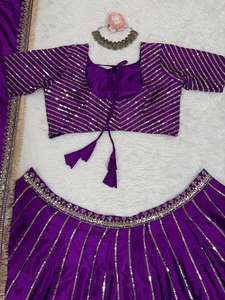 Hilo de seda Chinon pesado de calidad premium con lentejuelas más popular para fiesta de invierno Lehenga Choli trabajado Cancan Canvas Patta - Product Image 4
