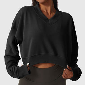 Sudaderas con cuello en V para mujer, diseño irregular recortado, manga larga, hombro caído, forro polar, pulóver, Tops, informal, elegante - Product Image 3