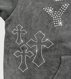 Sudadera con capucha de gran tamaño con estampado cruzado y letras de diamantes de imitación de alta calidad para hombre-Sudadera con capucha lavada con hombros caídos regulares para hombre - Product Image 4