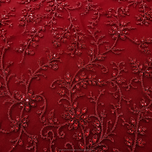 European American Luxury Floral Pattern Handmade Gold Stone <b>Embroidery</b> Beaded Lace Fabric 100% Polyester Breathable Lightweight - Product Image 3