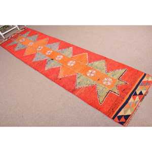 Turkish Vintage Rug, 2.9x11.4 ft <b>Runner</b> Rug, <b>Red</b> Blue Plants & trees Rug - Product Image 4