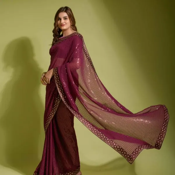 Beautiful Sequence Embroidery Work Saree In Double Run Satin Border With Lace Border Designer Blouse