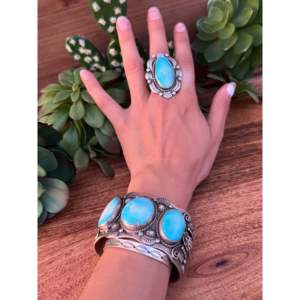 Navajo Fine Jewelry <b>Sets</b> Big Nugget Turquoise & Sterling Silver Cuff <b>Bracelet</b> & Ring Size 8 - Product Image 5