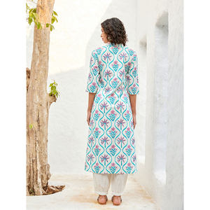 Floral Cotton <b>Kurta</b> <b>for</b> <b>Women</b>-Casual Elegant Midi Length with Puff Sleeves - Product Image 3