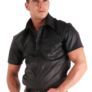 Camicia a Maniche Corte in Ecopelle Nera da Uomo Slim Fit con Bottoni Fetish Club Top - Product Image 6