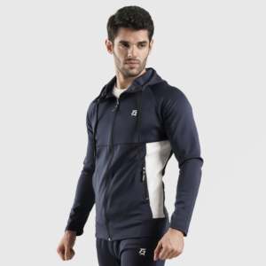 Sudadera con capucha Exulting Navy con cremallera, 100% algodón, cortavientos, con gráfico personalizado serigrafiado y estampado de silicona, diseño forrado con patrón sólido. - Product Image 1