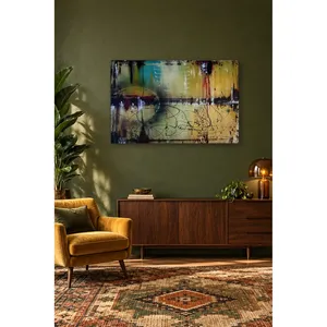 Impression sur toile abstraite Fida Mustard et bleu pétrole avec effet de peinture fluide - Product Image 4