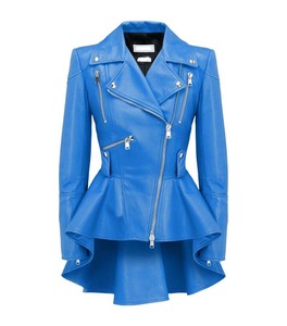 Da Tự Nhiên Peplum Phụ Nữ Áo Khoác Bất Cừu Màu Xanh Dây Kéo Thiết Kế Thời Trang Mùa Thu Mùa Đông Thoáng Khí Thư Logo - Product Image 1