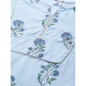 Conjunto de Kurta recto de algodón con estampado floral para mujer con pantalón azul cielo - Product Image 1