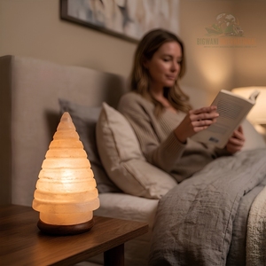 Lampe de sel de l'Himalaya en forme de cône spiralé, cristal naturel, veilleuse artisanale avec base en bois de qualité supérieure - Product Image 3