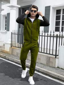 mens <b>black</b> grey contrast sleeve tracksuit full zip hooded jacket and cuffed <b>jogger</b> pants set casual fleece activewear winter - Product Image 4