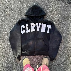 Sweat à capuche personnalisé pour hommes lavé à l'acide avec patch de broderie vintage en polaire zippée à motif imprimé vieilli - Product Image 2