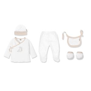 Ensemble de vêtements pour nouveau-né 100% coton 5 pièces (Chemise Pantalon Gants Bavoir Chaussettes)-Motif animal beige-Pour 0-6 mois - Product Image 1