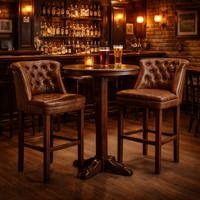 Tabouret de bar Chesterfield Farmhouse en cuir de buffle et structure en bois |   Durable, stable, écologique |   Vintage Marron Capitonnée |   Hôtel de luxe