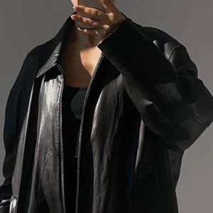 เสื้อแจ็คเก็ตบอมเบอร์หนังแกะแท้สำหรับผู้หญิง ฤดูใบไม้ร่วง/ฤดูหนาว ทรงยาว โอเวอร์ไซส์ ไซส์ใหญ่พิเศษ กันลม สำหรับใส่กลางแจ้ง - Product Image 4