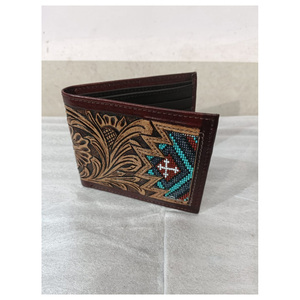 Cartera Unisex de Cuero Suave con Diseño Floral Tallado a Mano, Logotipo Personalizado, Múltiples Bolsillos, Color Azul Marrón, Gran Venta - Product Image 1