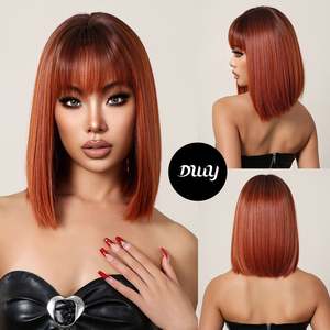 Olivia-DWY High Temperature Fiber Synthetic Hair 30-Inch Straight Orange <b>Wig</b> with Transparent Lace Front Bangs High Quality - Product Image 5